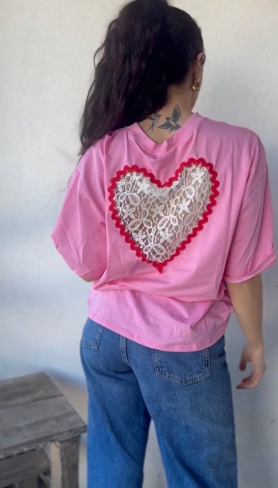 T-shirt LOVE • coeur dentelle rose