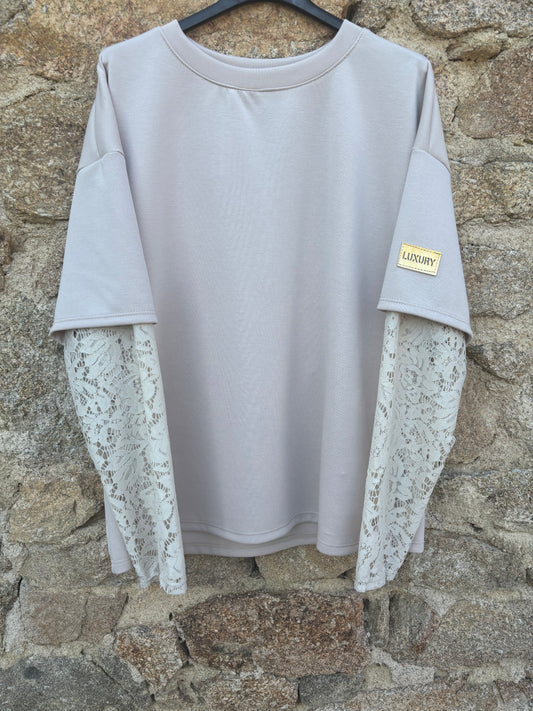 Top manches dentelle beige -
