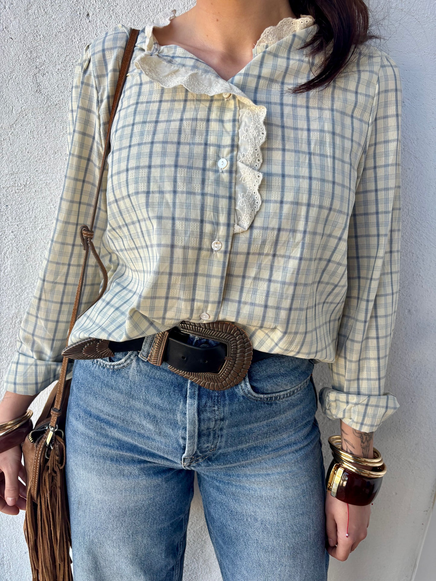 Chemise Ida - carreaux col montant dentelle