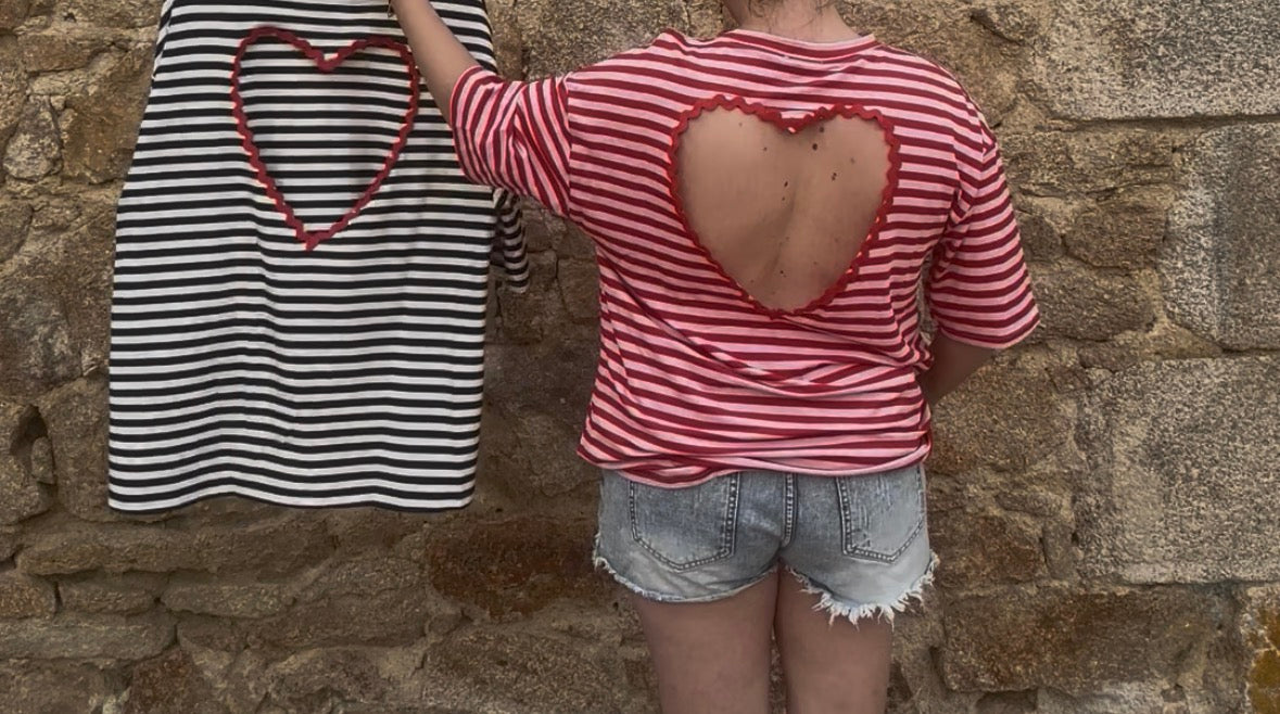 T-shirt MARINIÈRE • Dos nu cœur - rose & rouge